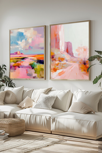 STARYUNA Wooden Framed Abstract Pastel Landscape Double Painting Set Yuna432