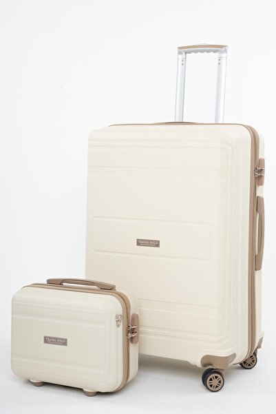 Travel POLO 2'li Polipropilen Kırılmaz Valiz Büyük Boy ve Makyaj Krem Vizon 1017