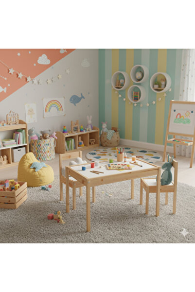 Moni Activity Table with Two Chairs for Children 2–7 Years – Solid Wood and Laminated MDF