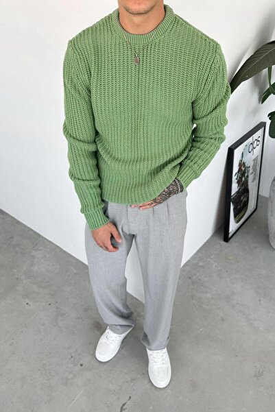 HAFKA Pulover verde tricotat oversize cu gât crew