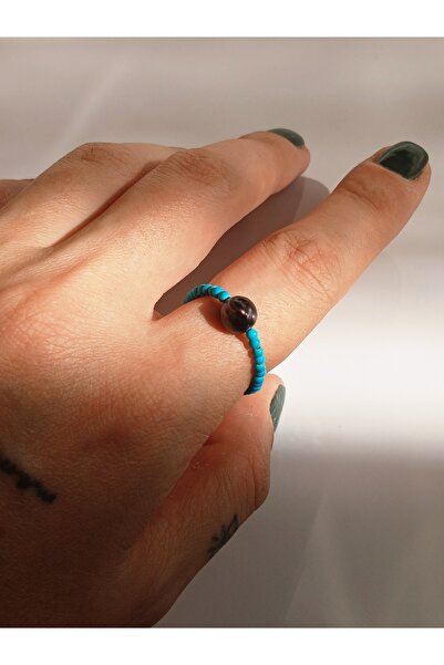 Medusa Accessories خاتم من الحجر الطبيعي الفيروزي والحجر الطبيعي من اللؤلؤ الأسود