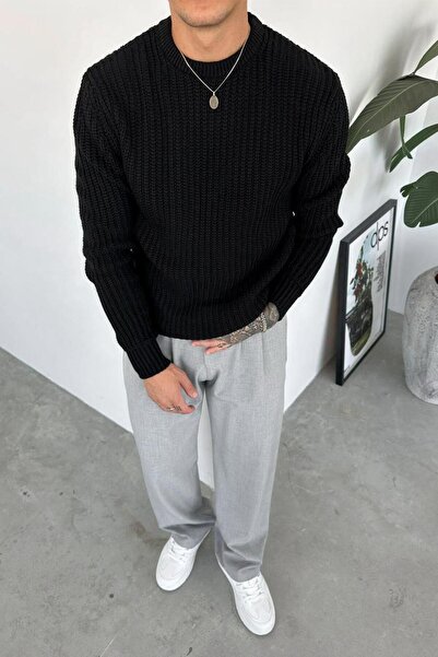 HAFKAGİYİM Black Crew Neck Oversize Knit Sweater