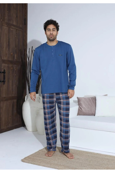 BOYRAZ Men's Blue Pajamas with Long Pants and Buttoned Long Sleeve Shirt