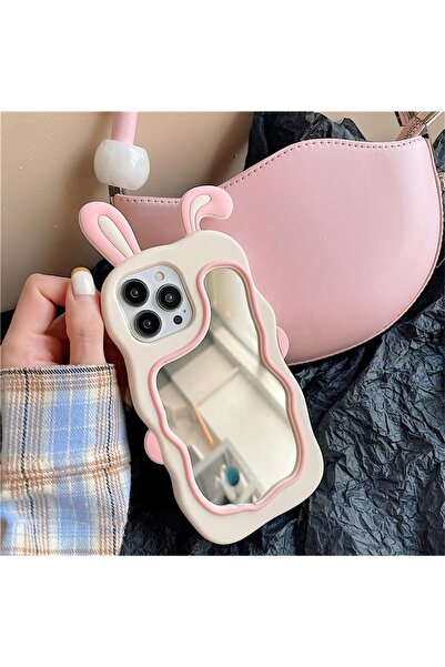 OSG iPhone 13/14/15 Uyumlu Sevimli Tavşan Kulaklı Makyaj Aynalı Darbe Koruyucu Telefon Kılıfı