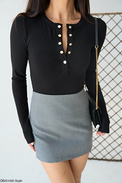 ibeeka New Season Snap Closure Collar Long Sleeve Bodysuit / Blouse Black Color