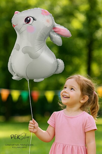 PEKSHOP Sevimli Tavşan Çiçekli Model Tavşan Folyo Balon