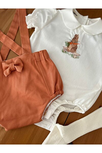 il mio bambino Handmade 100% Cotton Baby Girl Rabbit Embroidery Short Shirt, Jumpsuit - Romper Set