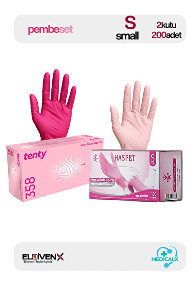 Medicalx PembeSET Fuşya Pembe & Toz Pembe Nitril Muayene Eldiveni 200 Adet - Small