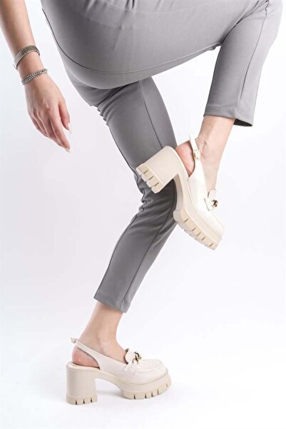 Difolia حذاء نسائي من Bianca مصنوع من الجلد الكريمي مفتوح من الخلف بكعب 8 سم 650