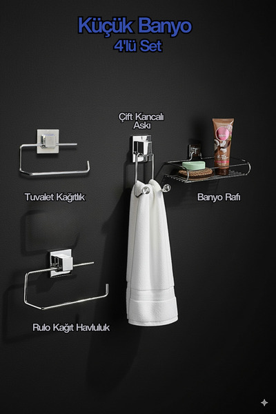 Hagen 4'lü Krom Banyo Seti Çeyizlik Set - Banyo Rafı-Rulo Kağıt Havluluk-Tuvalet Kağıtlık-Havlu Askısı