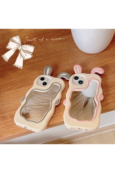 OSG iPhone 13/14/15 Uyumlu Sevimli Tavşan Kulaklı Makyaj Aynalı Darbe Koruyucu Telefon Kılıfı