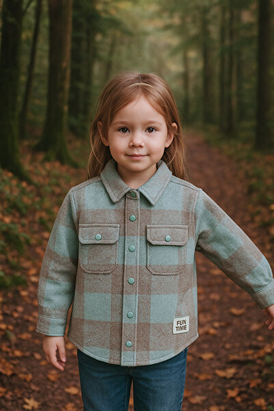 batu tekstil Mint & Bej Kareli Çocuk Gömlek Ceket