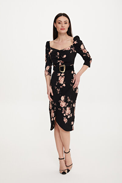 Stylish فستان ميدي مورد باللون الأسود موديل لف