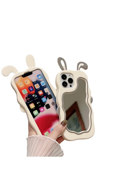 OSG iPhone 13/14/15 Uyumlu Sevimli Tavşan Kulaklı Makyaj Aynalı Darbe Koruyucu Telefon Kılıfı