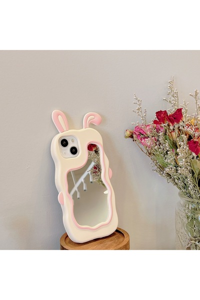 OSG iPhone 13/14/15 Uyumlu Sevimli Tavşan Kulaklı Makyaj Aynalı Darbe Koruyucu Telefon Kılıfı