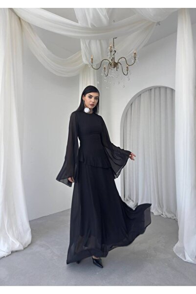 Miss Beyoğlu Kadın Volanlı Uzun Kol Tül Uzun Elbise