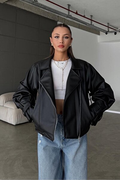 GALAVİP Kadın Yeni Sezon Oversize Balon Kol Deri Ceket