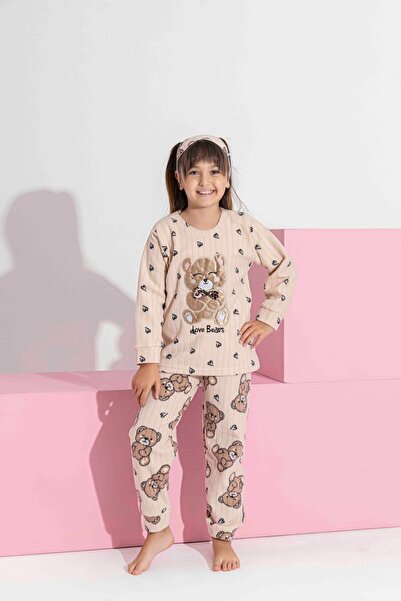 Tarık Kız Genç Ve Çocuk Vizon Ayıcık Desenli Uzun Kollu Polar Peluş Kumaş Kışlık Sıcak Tutan Pijama Takımı