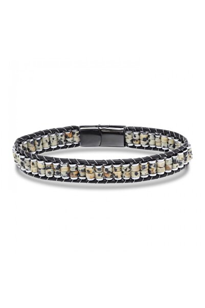 SHUİLL Dalmatian Jasper &amp;   Hematite Steel Braided Leather Bracelet