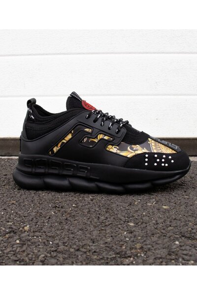 EXCLUSIVE STYLE Adidasi din piele ecologica si catifea - CHAIN NEGRU/AURIU