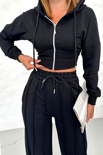 FashionForYou Σετ casual WalKING Time, φούτερ και παντελόνι με ανάγλυφες ρίγες, μαύρο