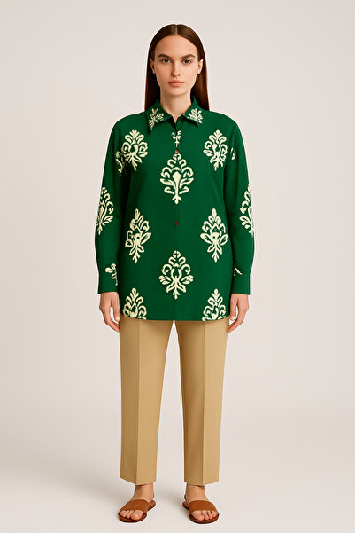 SheLoria Women's Green Patterned Midi Hijab Linen Shirt