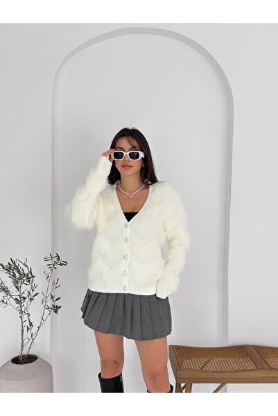 Brantu Women's V-Neck Plush Detailed Stone Buttoned Ecru Knitwear Cardigan