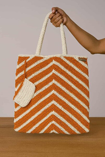 Ada Kostüm Tasarım Ziggy Orange-Cream Knitted Arm Bag (Lined)