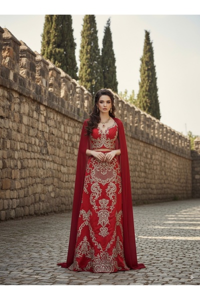 MODA İkili Bindallı-Kaftan-Kırmızı-Gold Dantelli Portatif Pelerinli