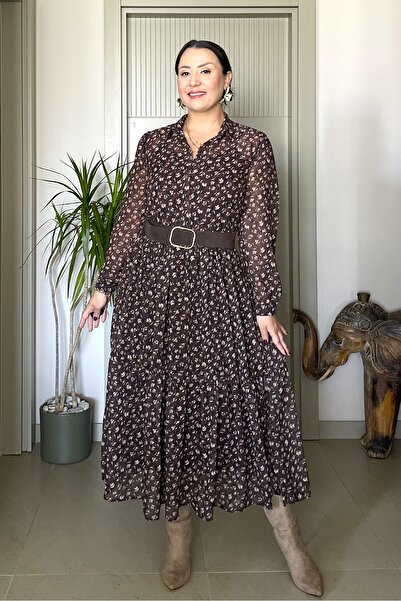 Butik Didem Sakinci İçi Astar Elbiseli Süet Kemerli Tül Çiçekli Elbise