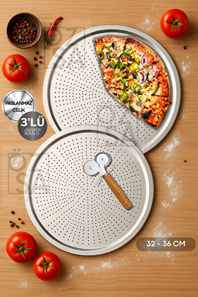 ÖzSa Home 3 Parça Büyük Boy Delikli Pizza Tepsi Seti Lahmacun Tepsisi Pizza Kesici Seti 32-36cm