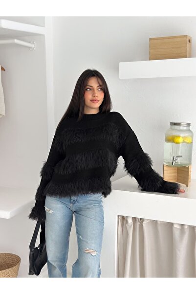 Brantu Pulover de tricotat negru pentru femei cu mâneci lungi și franjuri