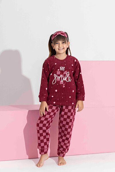 Tarık Girl Teen and Child Burgundy Square Patterned Long Sleeve Fleece Plush Fabric Winter Warm Pajama Set