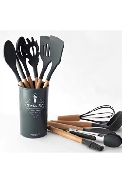 OEM Set de ustensile de bucătărie cu 12 piese, din lemn și silicon alimentar, rezistente la căldură, antiaderente, negre