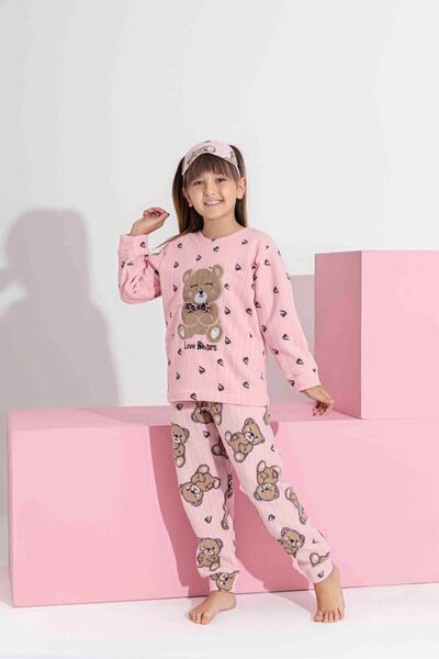 Tarık Girl Teen and Child Pink Teddy Bear Patterned Long Sleeve Fleece Plush Fabric Winter Warm Pajama Set