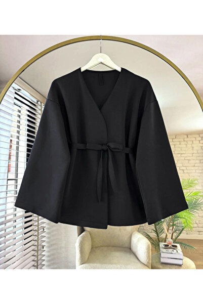 Giyim Gezegeni Νέα σεζόν Μαύρο μπουφάν κατάδυσης με ζώνη κιμονό τουνίκ Oversize Trend Άνετο μοντέρνο χιτζάμπ κομψό