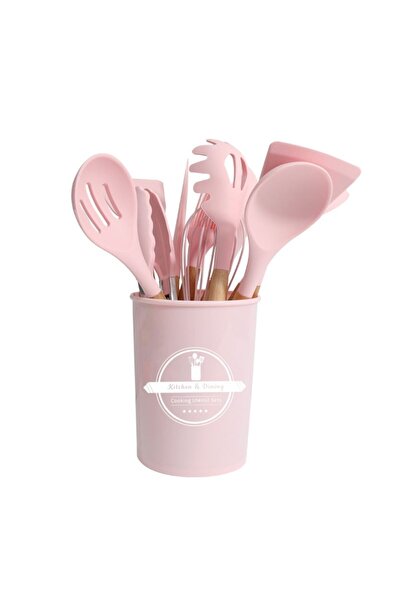 OEM Set 12 ustensile de bucătărie, Lemn/Silicon, Roz