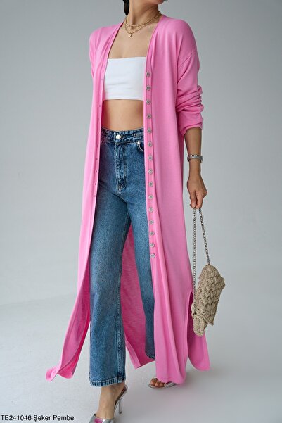 ibeeka New Season Candy Pink Color Long Tunic / Cardigan Button Closure Cardi...