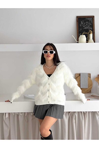 Brantu Women's V-Neck Plush Detailed Stone Buttoned Ecru Knitwear Cardigan