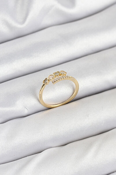 EkoAlışverişDünyam Brass Gold Color Heart Detailed Zircon Stone Women's Ring