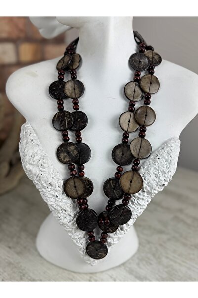 SEDEF TAKI Ahşap halkalı uzun acı kahve boncuklu kolye