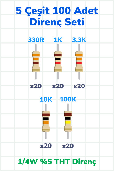 Scordion Direnç Seti THT 1/4W %5 100 Parça 5 Çeşit | 330 1k 3.3k 10k 33k 100k