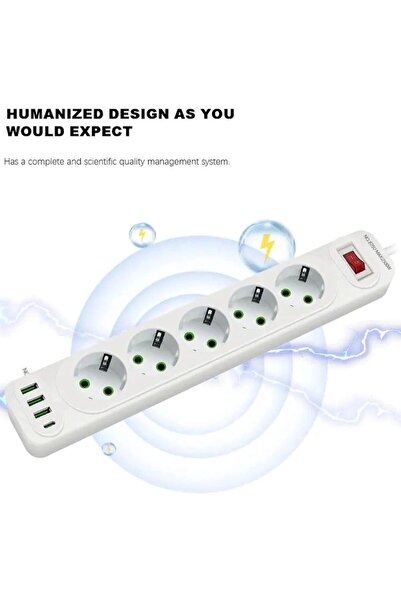 Zherqon Power Strip 5 Outlets, 3x USB 5V/2.1A, 1x Type C, Fast Charge, 2500W, with Surge Protection,