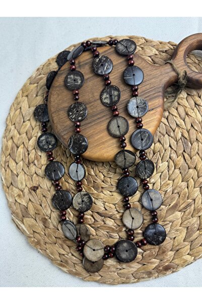 SEDEF TAKI Ahşap halkalı uzun acı kahve boncuklu kolye