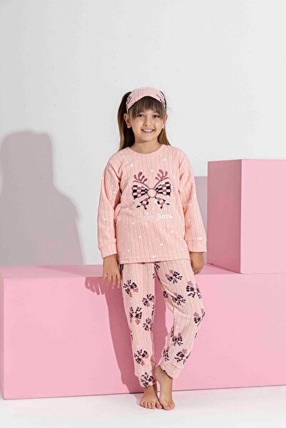 Tarık Kız Genç Ve Çocuk Pudra Fiyonk Desen Uzun Kollu Polar Peluş Kumaş Kışlık Sıcak Tutan Pijama Takımı