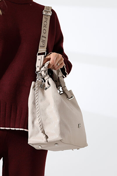 Just Polo JP Large Size Hand Knitted Detailed Red Wide Strap Women's Shoulder and Hand Bag