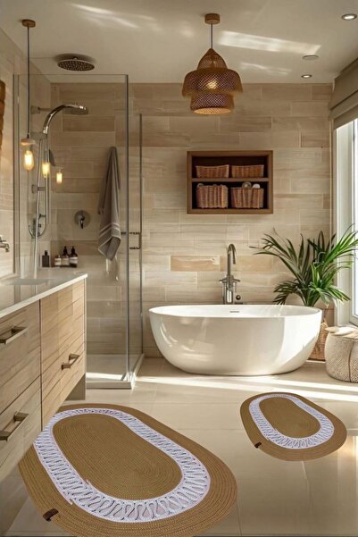 Salvia Dione Σετ χαλιών μπάνιου από ψάθινη γιούτα 2 τεμαχίων οβάλ αντιολισθητική βάση που απορροφά το νερό Διακοσμητικό χαλάκι μπάνιου