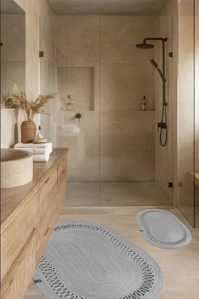 Salvia Dione Σετ χαλιών μπάνιου από ψάθινη γιούτα 2 τεμαχίων οβάλ αντιολισθητική βάση που απορροφά το νερό Διακοσμητικό χαλάκι μπάνιου