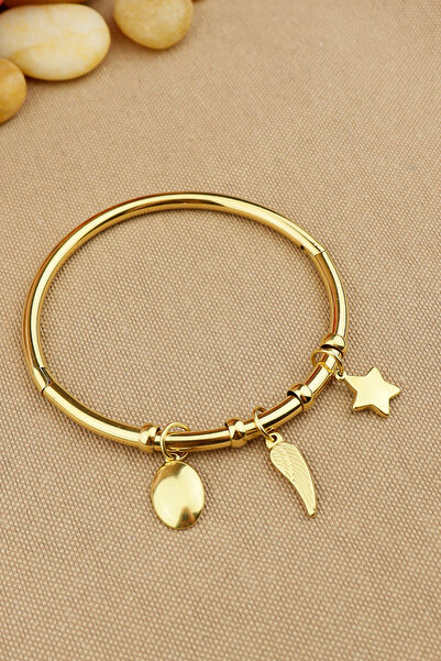 Keyifli Hayaller 316L Çelik Kelepçe Bileklik | Yıldız - Kanat Charmlı Çelik Kelepçe Bileklik | Çap:6,2 cm