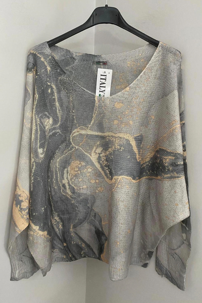 AYASOFYA OTANTIK Women's Italian Gray V-Neck Vintage Batik Patterned Loose Mercerized Blouse